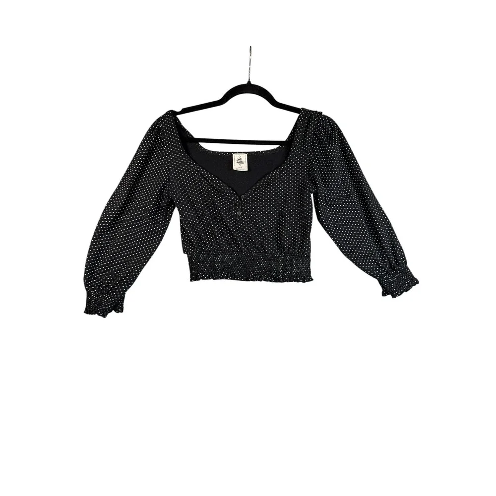 We The Free Free People Black Polka Dot Smocked Crop Top Puff Sleeve XS
